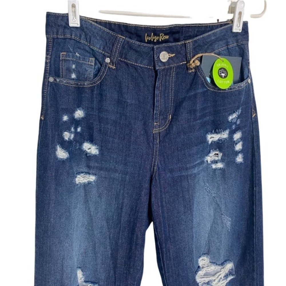Indigo Rein Skater Jeans 5/26 Blue High Rise Flare Leg Distressed Organic Cotton